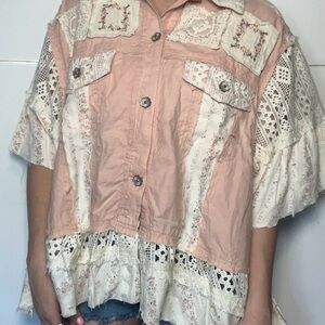 POL boho lace patchwork blouse pink floral cottagecore top size L